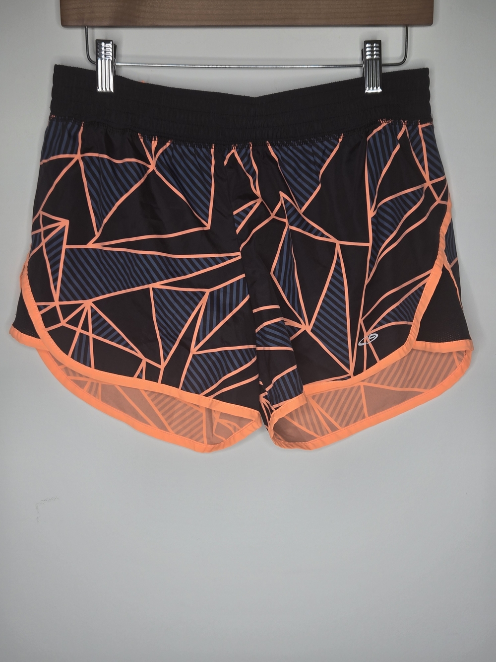 Champion Black Athletic Running Shorts with Neon Orange Geometric Print Size M